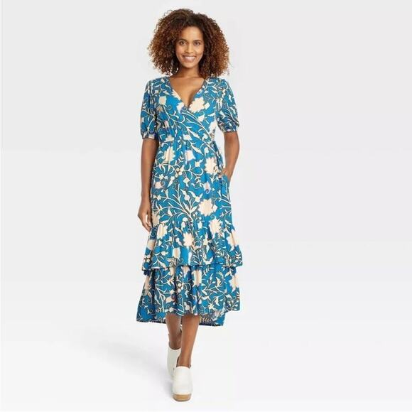 Knox Rose Blue Floral Print Short Sleeve Wrap Dress- Size XS - Picture 1 of 13